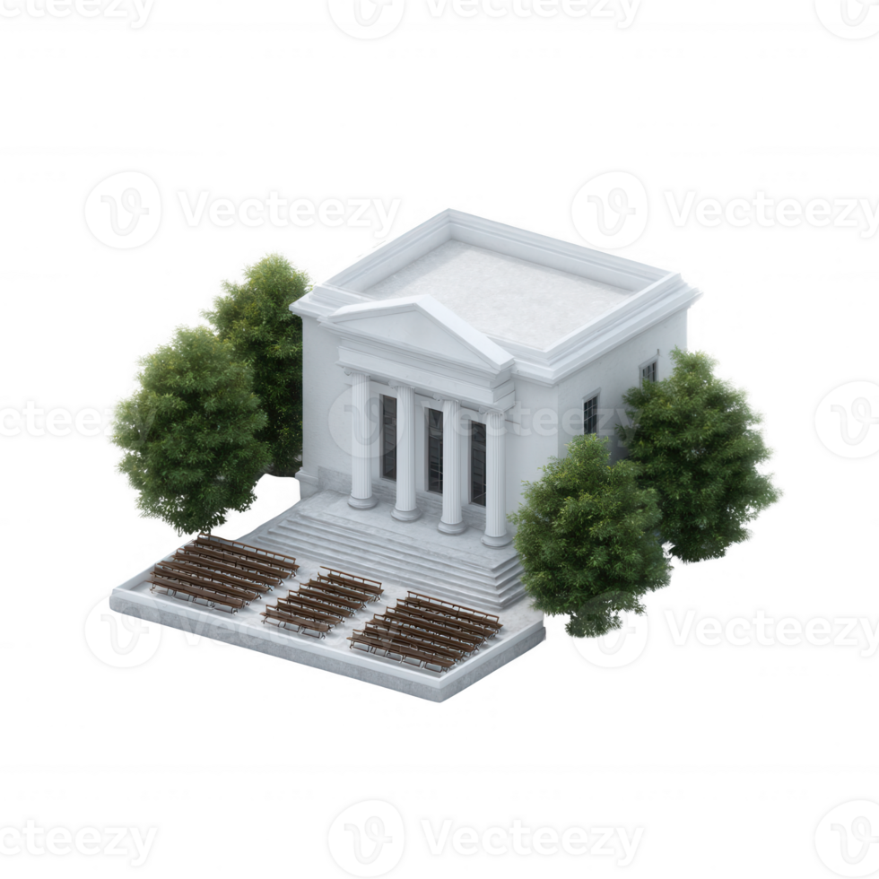 Architectural building with columns, surrounded by trees, isolated on a white background. png