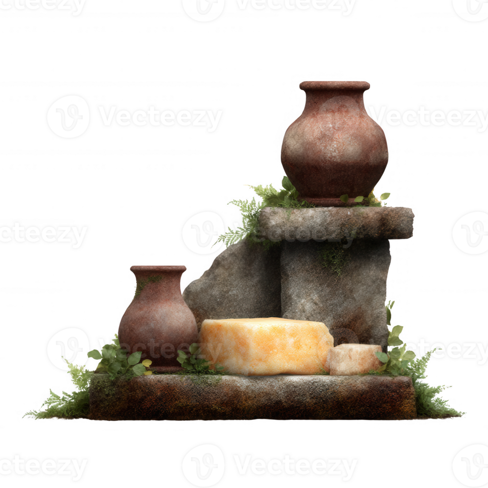 Ancient pottery and stone structures adorned with lush greenery, creating a serene and historical ambiance, perfect for cultural representations and backdrops. png