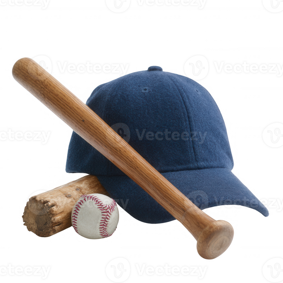 Baseball equipment including a cap, wooden bat, and baseball on a white isolated background. png