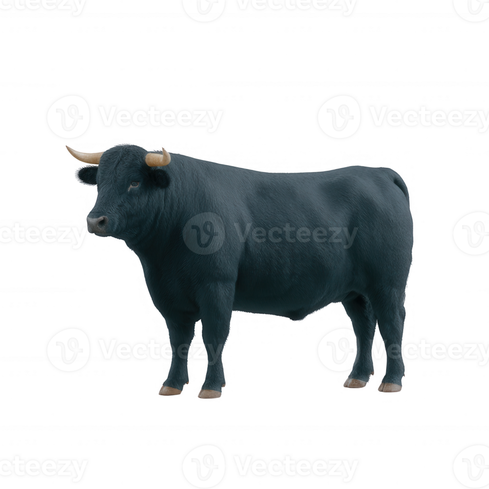 Black bull standing proudly, showcasing strong features and robust physique against a white isolated background. png
