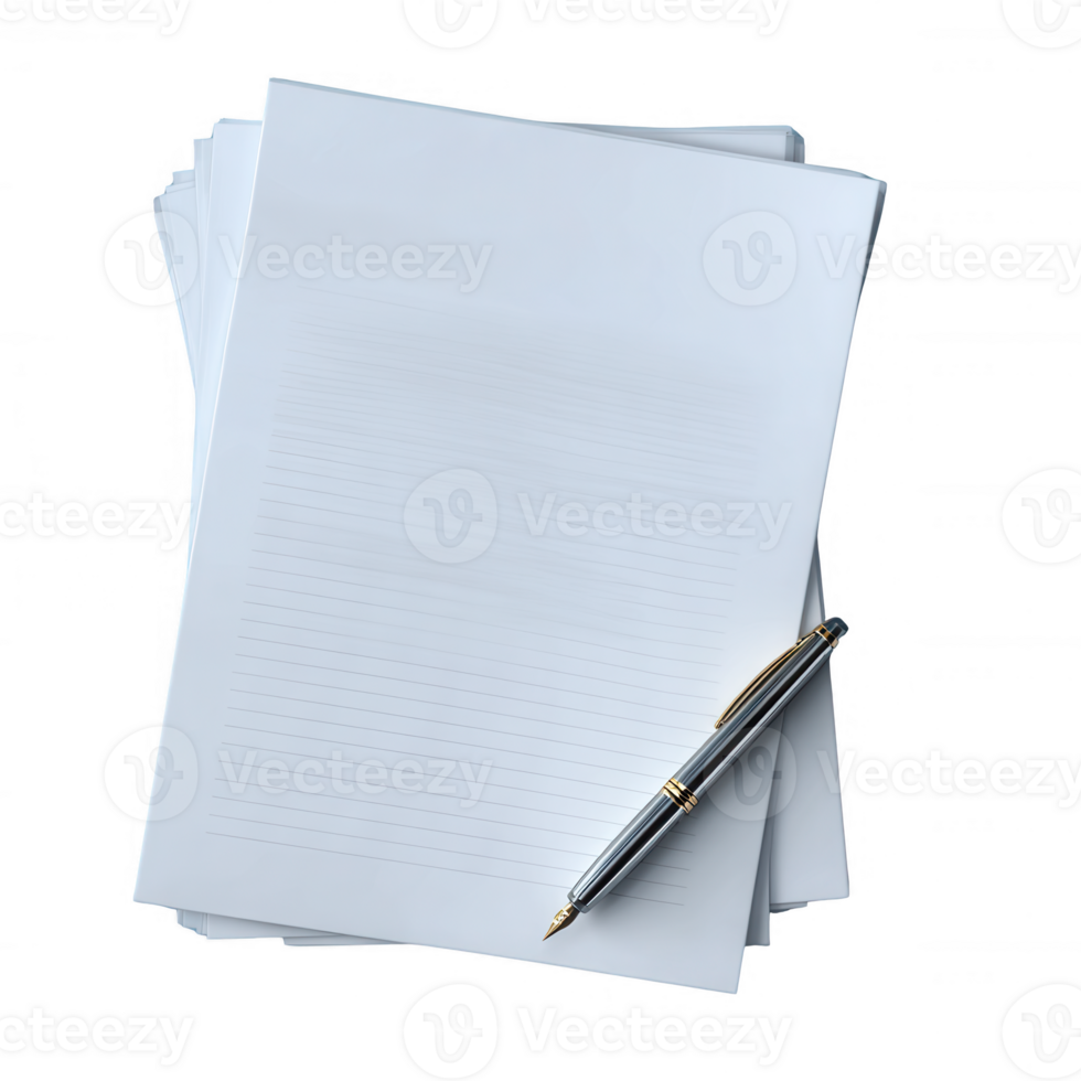Blank sheets of paper stacked with a silver pen beside them on a white background, ready for note-taking or sketching ideas. png