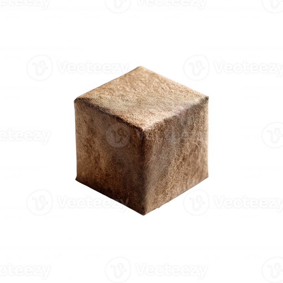 Brown textured cube with a soft appearance, placed on a white isolated background, ideal for use in various graphic design projects. png