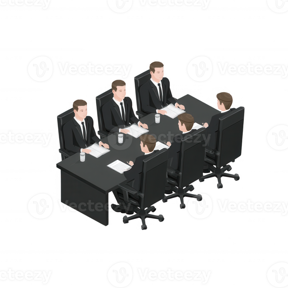 Business meeting scene with six professionals in suits discussing strategies around a large table, emphasizing teamwork and collaboration in a corporate environment. png