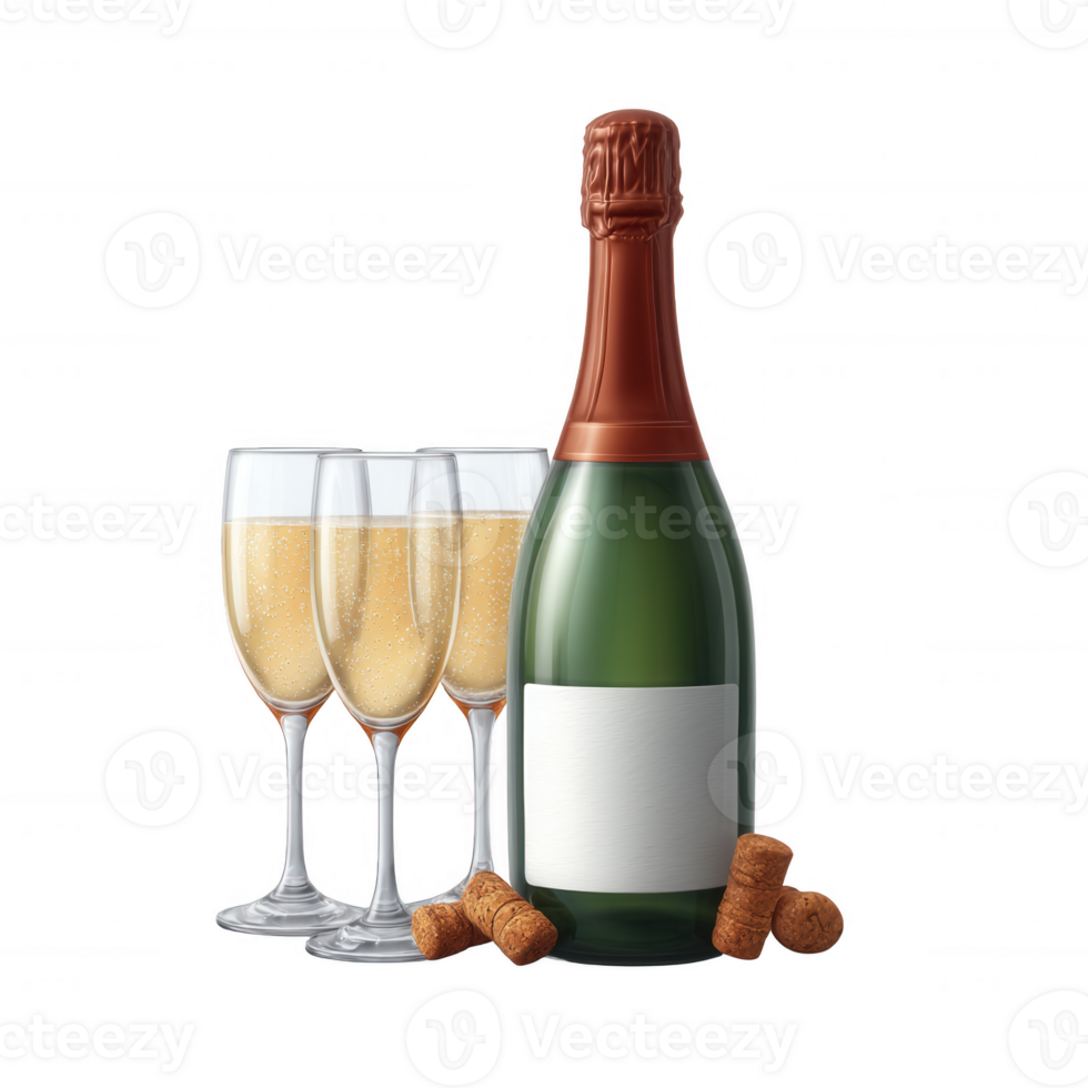 Champagne bottle with three filled glasses, corks beside. Perfect for celebrations, elegant events, or toasting special moments. High resolution, isolated on a white background. png