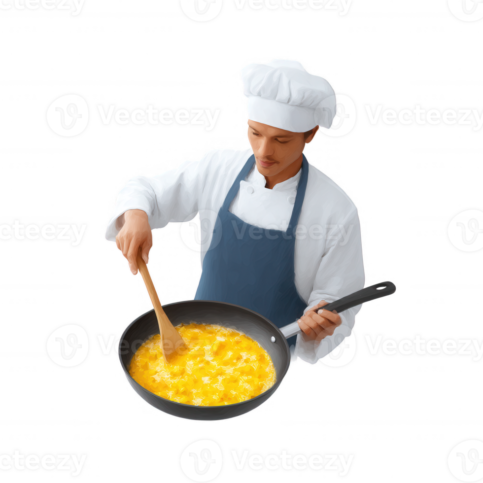 Chef stirring scrambled eggs in a frying pan, professional kitchen setting, focus on culinary skills and food preparation. png