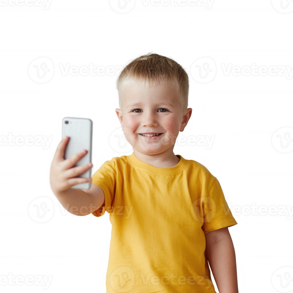 Cheerful young boy smiling while taking a selfie with a smartphone, dressed in a bright yellow shirt, isolated on a white background. png