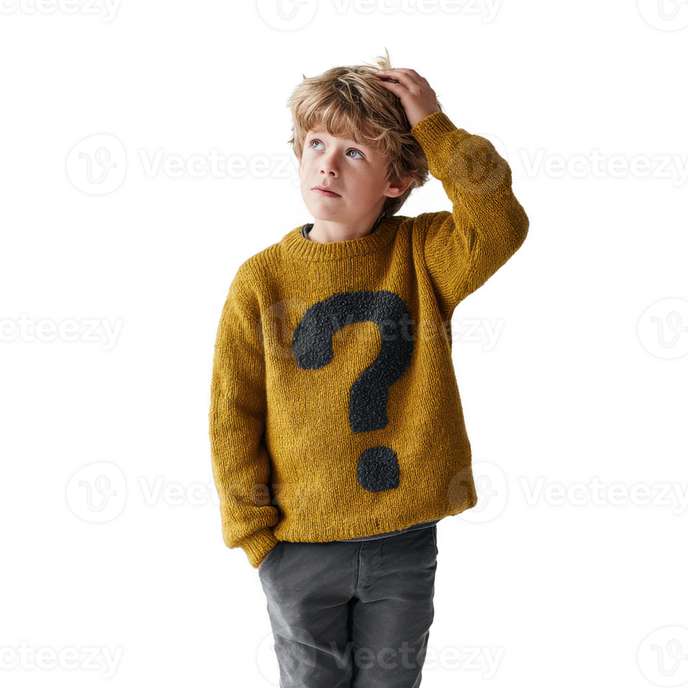 Child in a yellow sweater with a question mark, looking thoughtfully while scratching his head against a white background. png