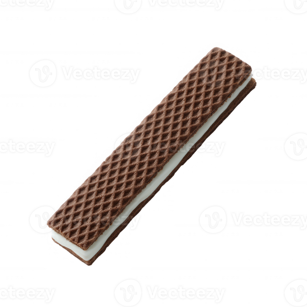 Chocolate wafer stick on a white isolated background, showcasing its crispy texture and creamy filling, perfect for snacks or desserts. png