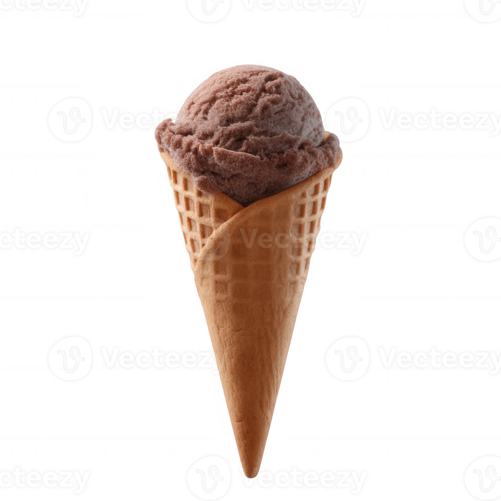Chocolate ice cream in a waffle cone, isolated on a white background, perfect for desserts and summer treat imagery. png