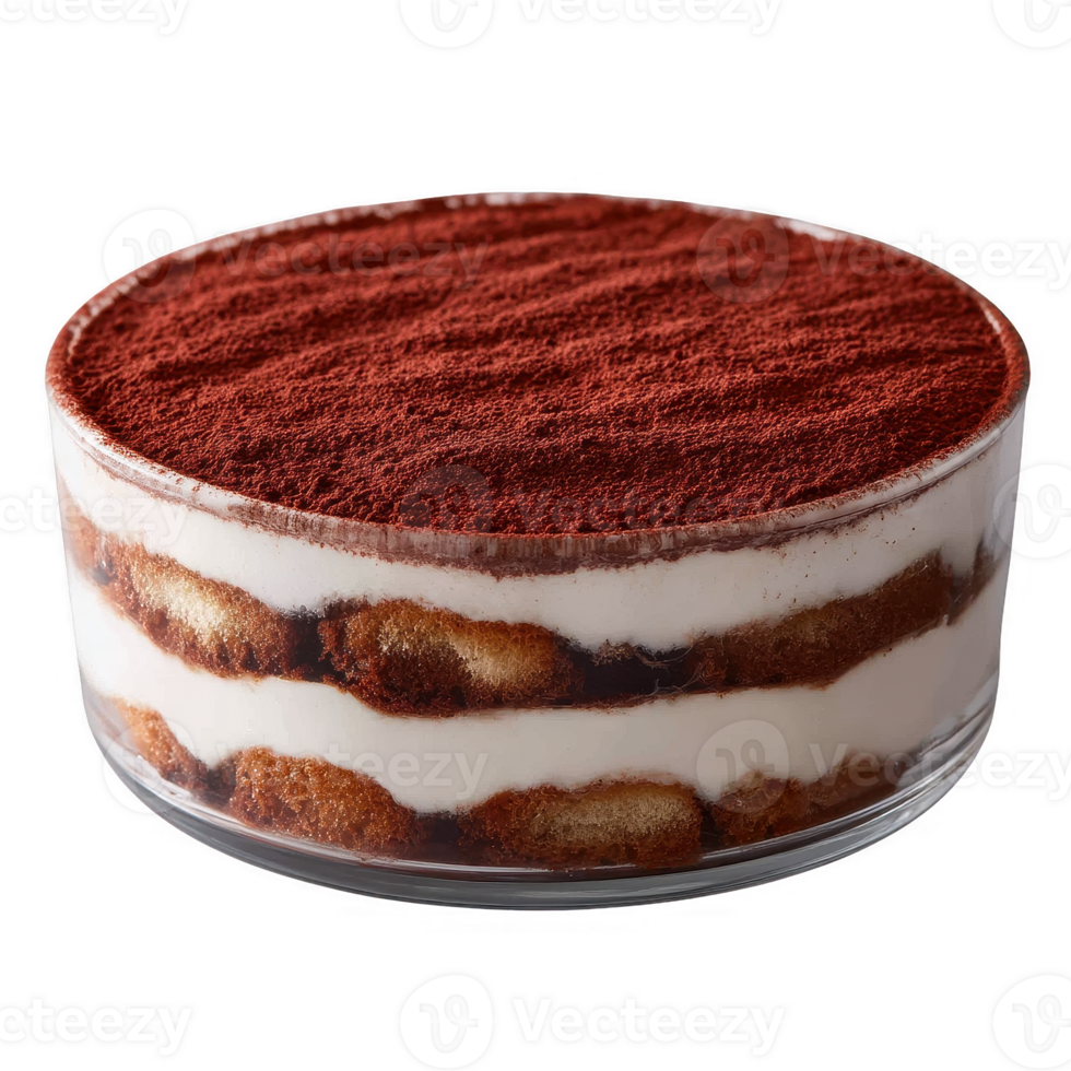 Classic tiramisu dessert in a round glass dish, featuring layers of coffee-soaked ladyfingers and creamy mascarpone cheese topped with cocoa powder. png