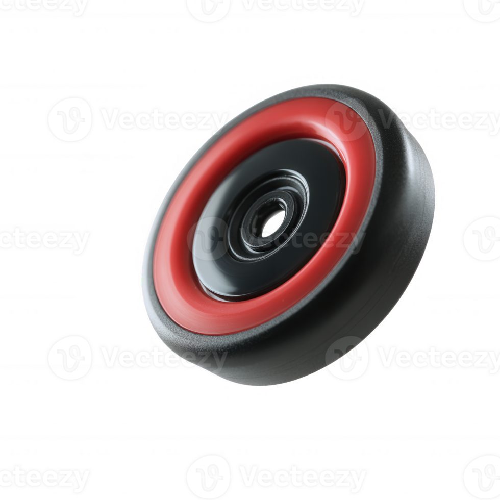 Close-up of a black and red industrial wheel on a white isolated background, showcasing its details and design. Perfect for project illustrations or industrial-themed graphics. png