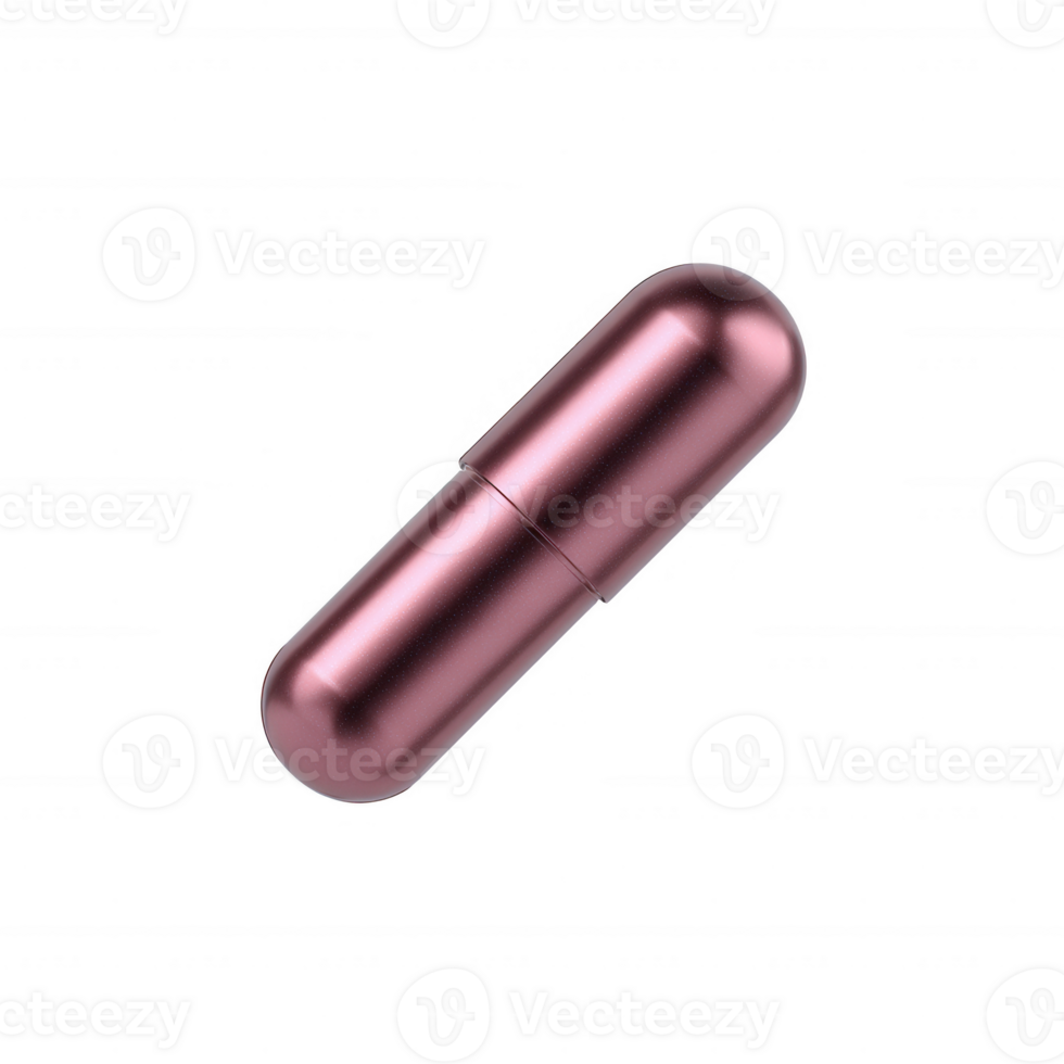 Close-up of a beautiful pink metallic capsule on a reflective surface, showcasing its shiny exterior and sleek design, perfect for health and wellness themes. png