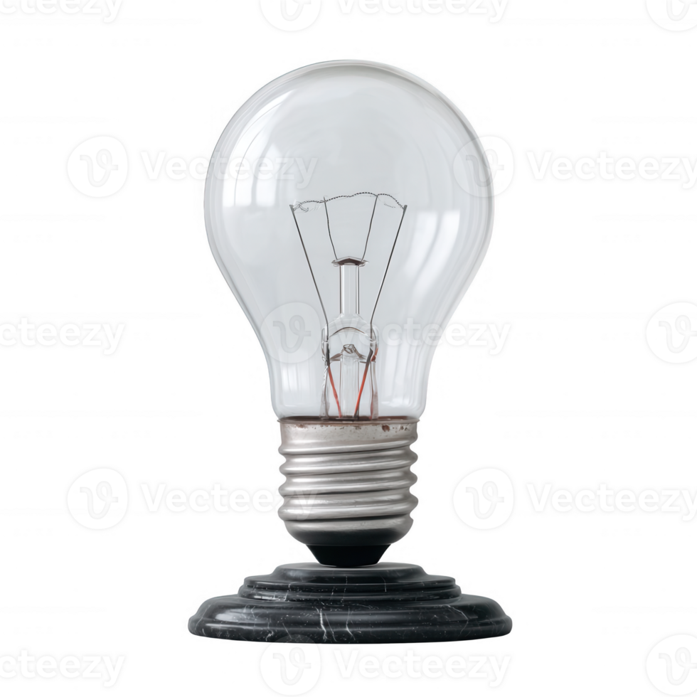 Classic incandescent light bulb on a black marble base, illuminated against a white isolated background. A symbol of innovation and creative inspiration. png