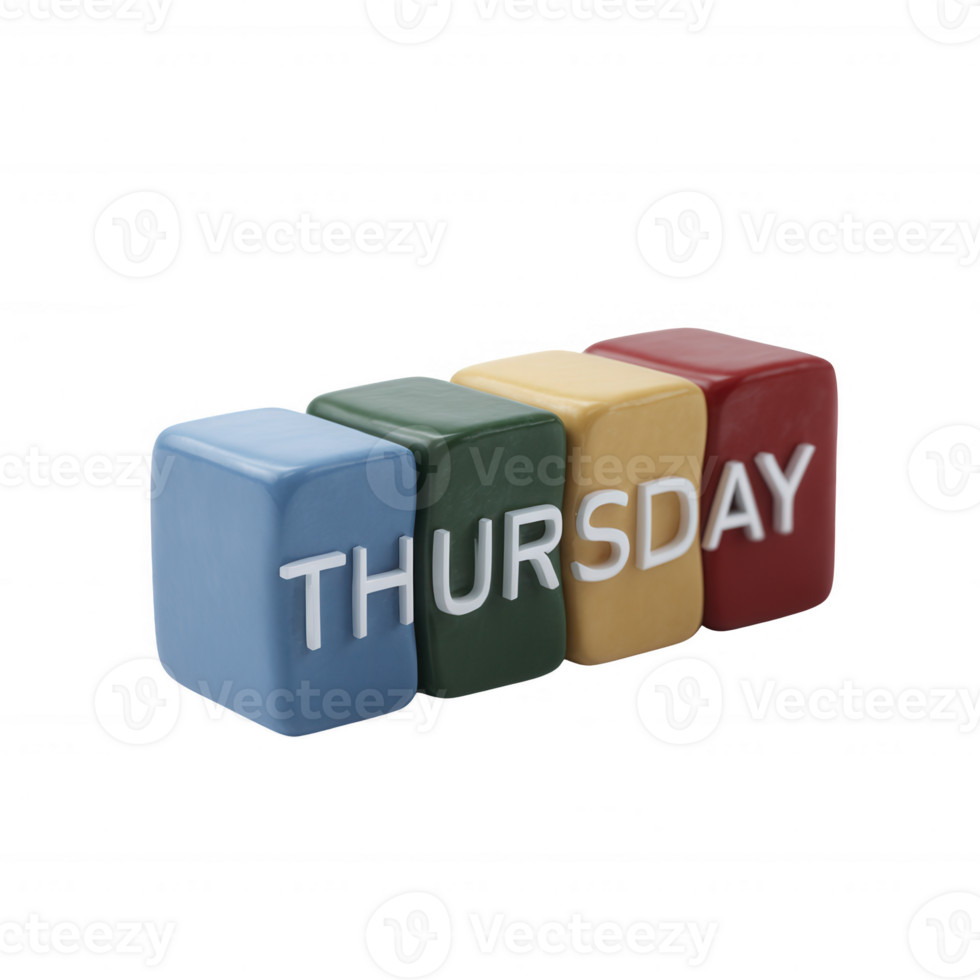 Colorful blocks displaying the word 'THURSDAY' on a white isolated background, perfect for calendar themes and time management concepts. png