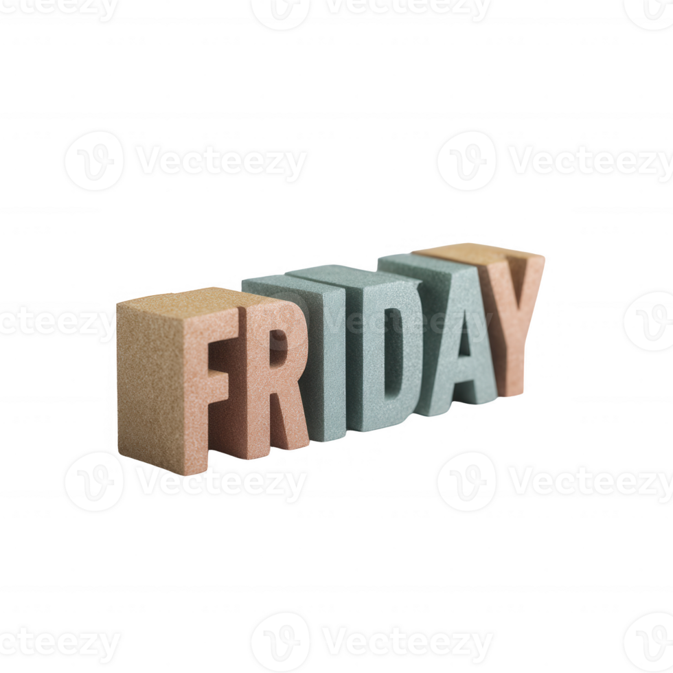 Colorful letter blocks spelling out 'FRIDAY', ideal for conveying the excitement of the weekend. White isolated background enhances focus on the letters. png