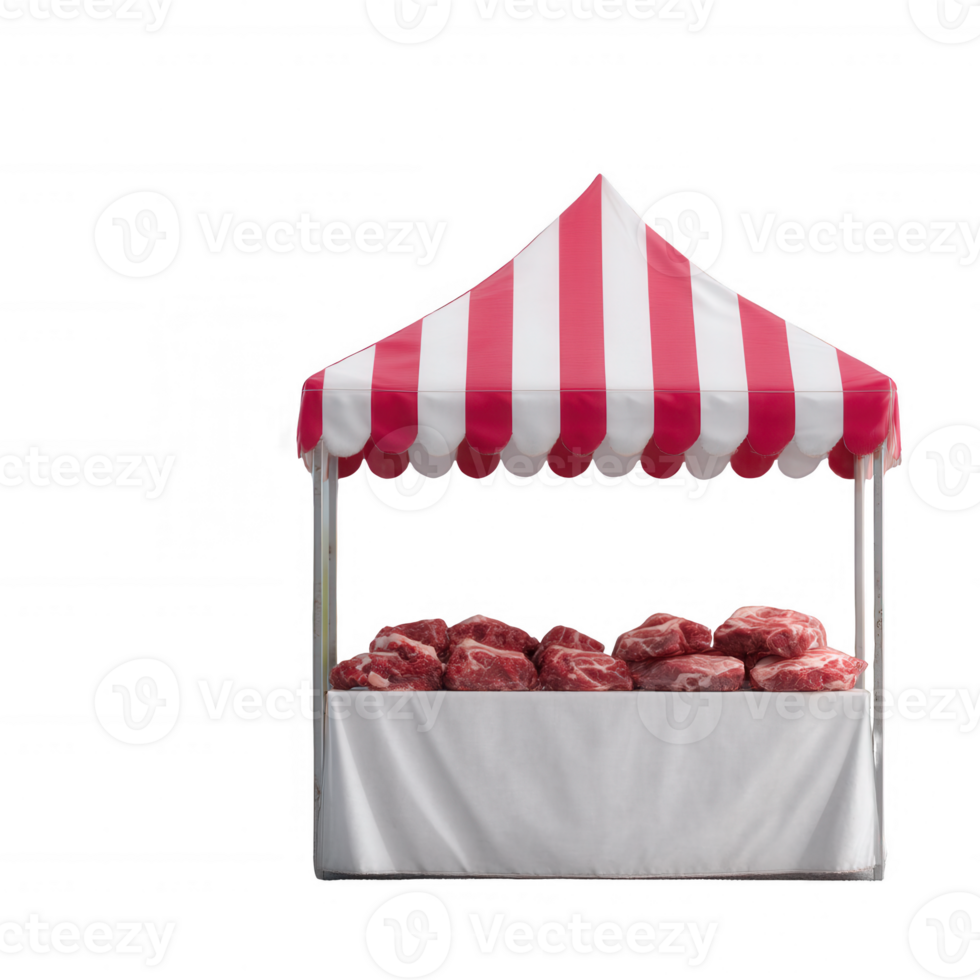 Colorful food market stall with a striped red and white canopy displaying fresh cuts of meat on a white tablecloth, isolated on a white background. png