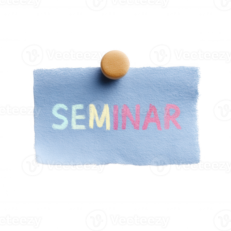 Colorful note with the word 'SEMINAR' pinned to a blue background, ideal for educational or professional contexts. png