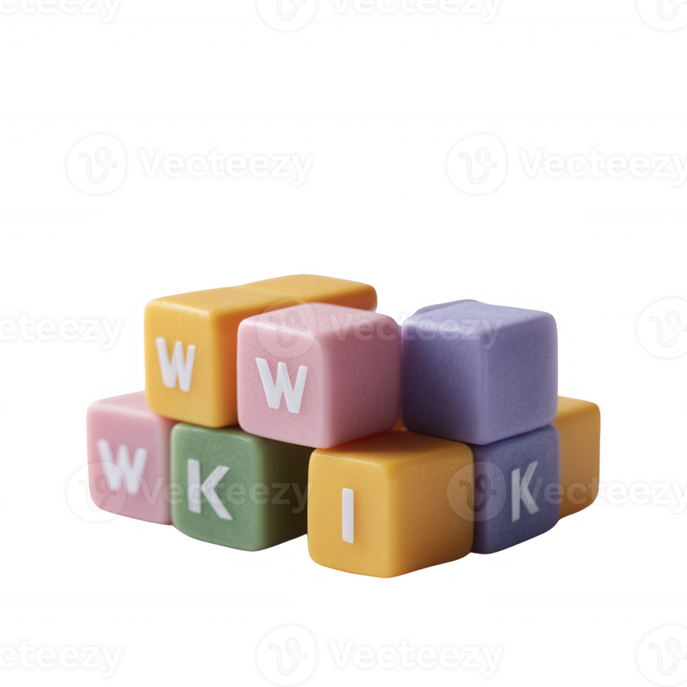 Colorful plastic building blocks displaying letters 'W', 'K', and 'I'. Playful arrangement, perfect for educational purposes, children's toys, and creative projects. png