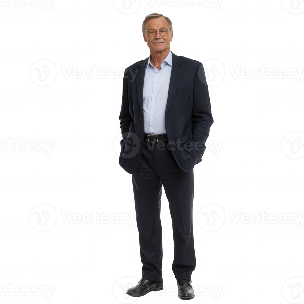 Confident business professional posing in smart attire, standing with hands in pockets against a white isolated background. png
