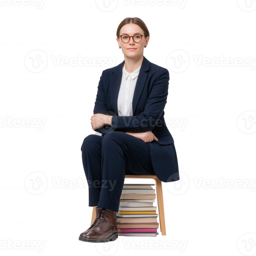 Confident businesswoman sitting on a chair, wearing professional attire, surrounded by stacks of books, symbolizing knowledge and professionalism, isolated on white background. png