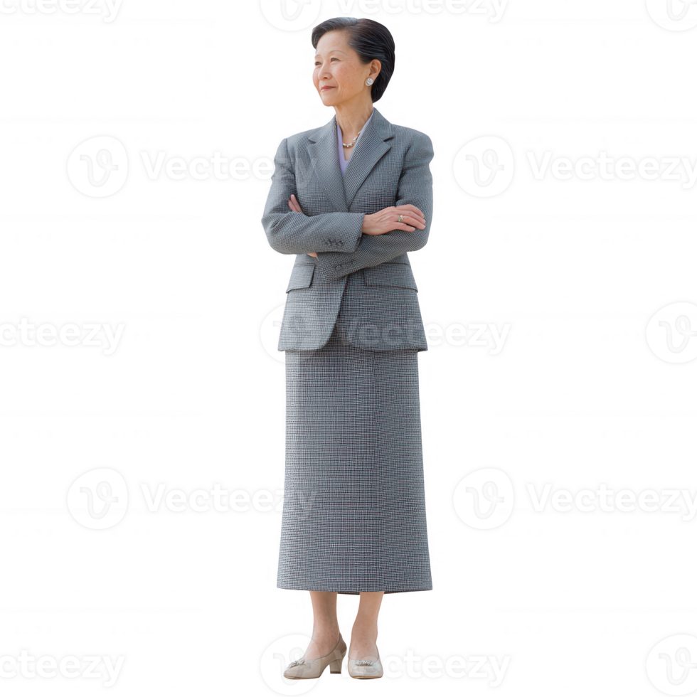 Confident businesswoman standing with arms crossed, dressed in formal attire, promoting professionalism and leadership in corporate settings. png