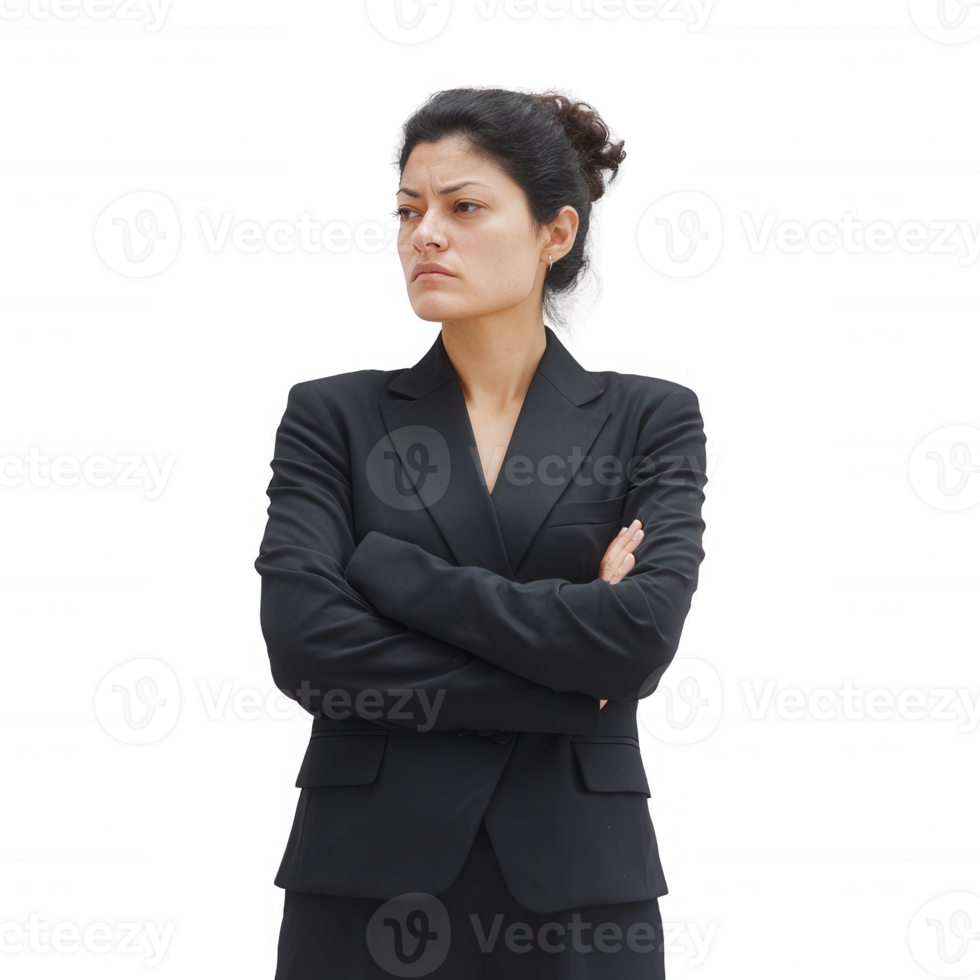 Confident businesswoman stands with arms crossed, displaying determination and focus. Ideal for concepts of leadership, professionalism, and career advancement. png