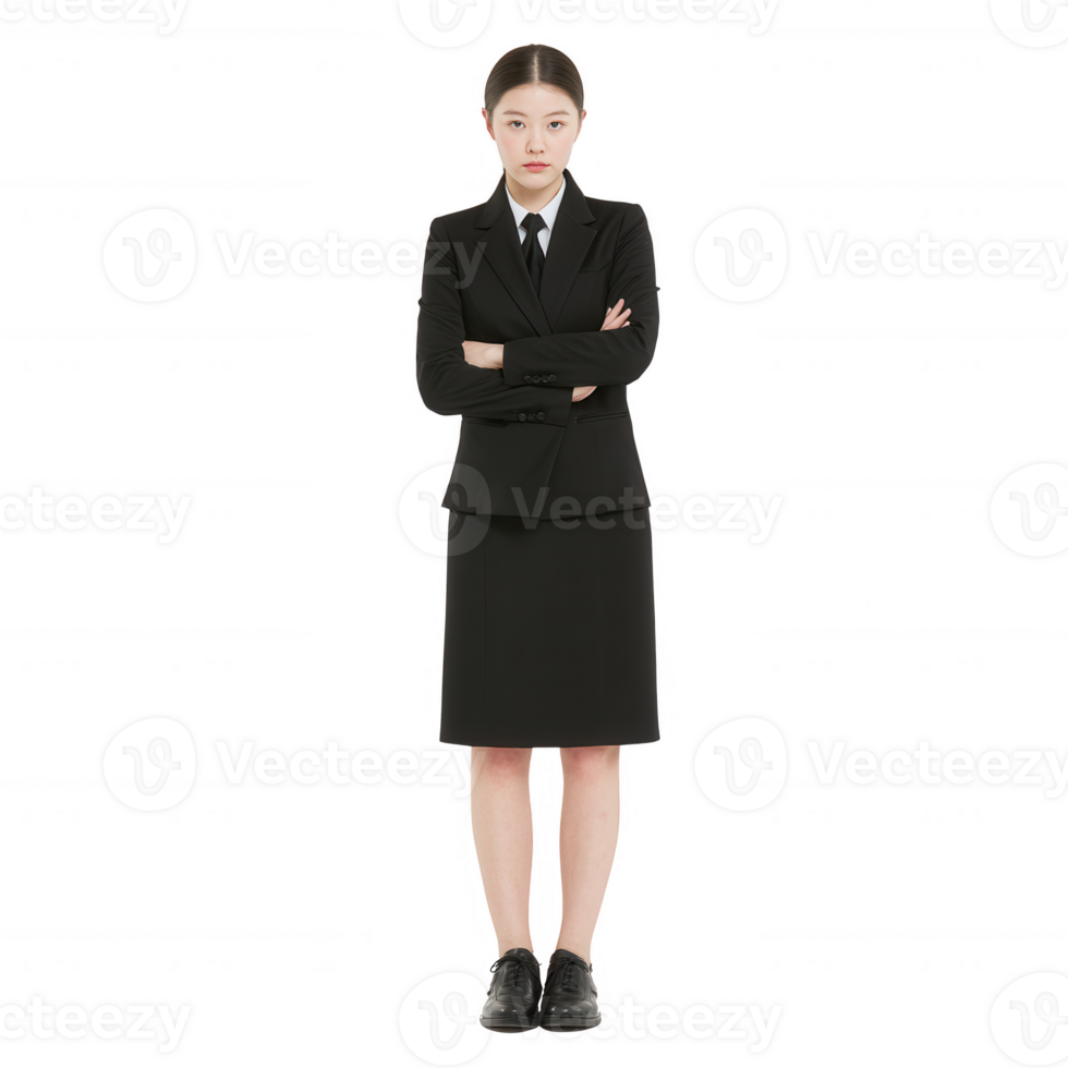 Confident woman in a formal black suit standing with arms crossed, isolated on a white background, representing professionalism and corporate attire. png