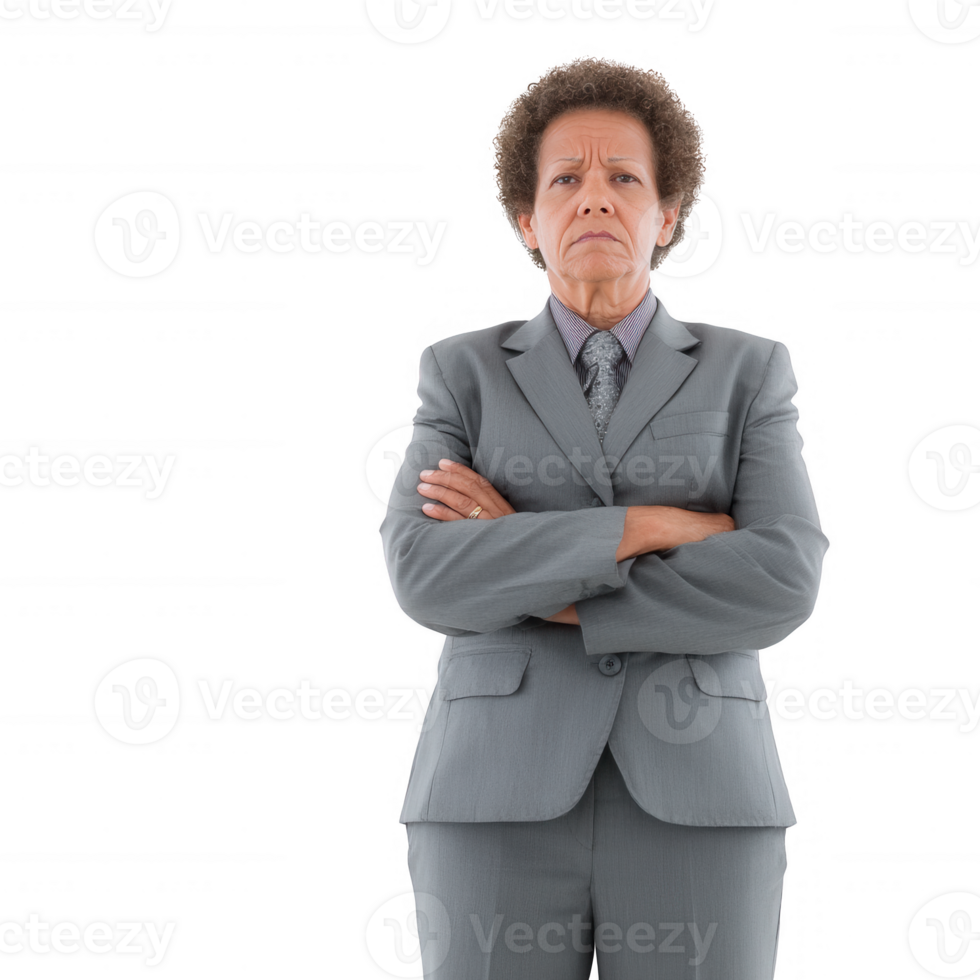 Confident professional woman in a gray suit standing with arms crossed, expressing authority and determination against a white isolated background. png