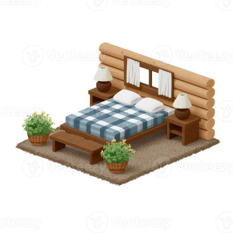 Cozy wooden bedroom design featuring a checkered bedspread, bedside lamps, and potted plants, ideal for creating a warm and inviting atmosphere. png