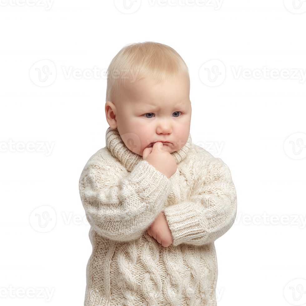 Cute toddler in a cozy sweater, thoughtfully posing with an intriguing expression. Isolated on a white background, perfect for family-oriented themes. png