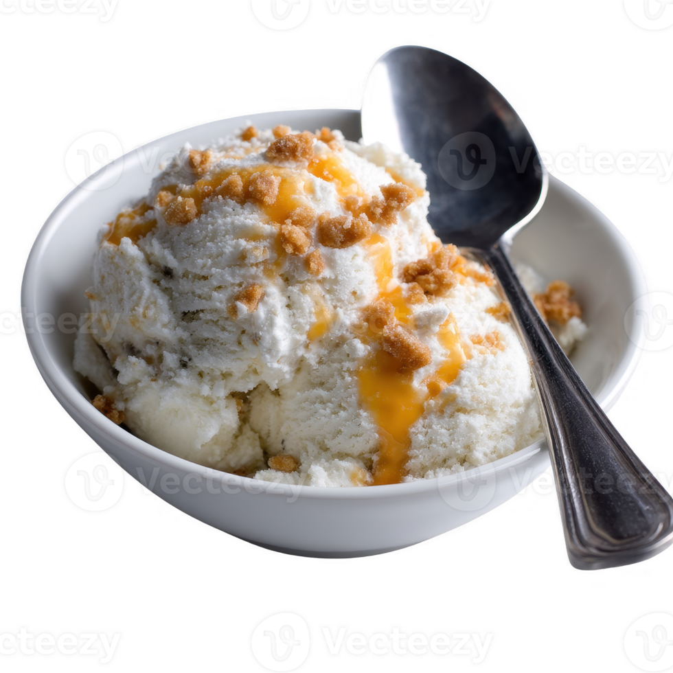 Delicious bowl of vanilla ice cream topped with caramel sauce and crushed nuts, served with a spoon, on a white background. png