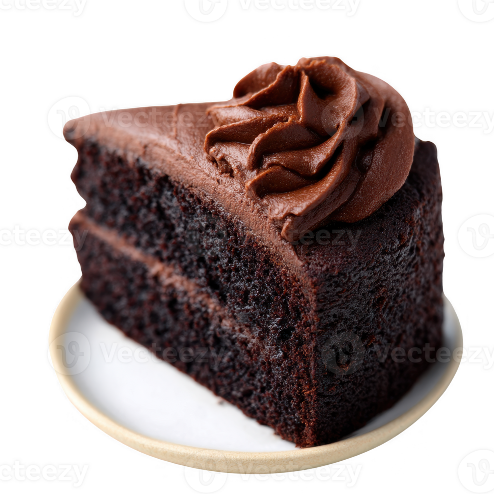 Delicious chocolate cake slice with rich frosting on a small plate, isolated on white background, perfect for dessert or baking-related themes. png