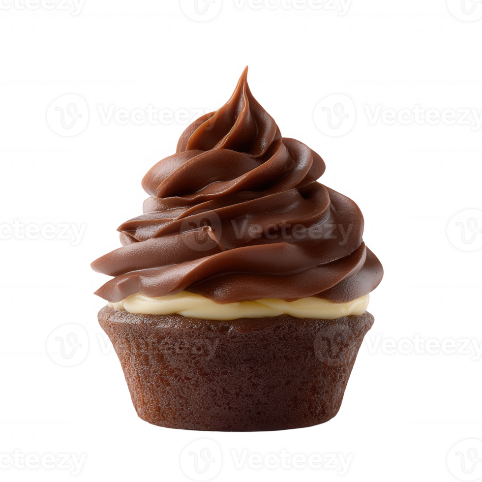 Delicious chocolate cupcake topped with creamy chocolate frosting, perfect for dessert lovers. Isolated on a white background for emphasis. png