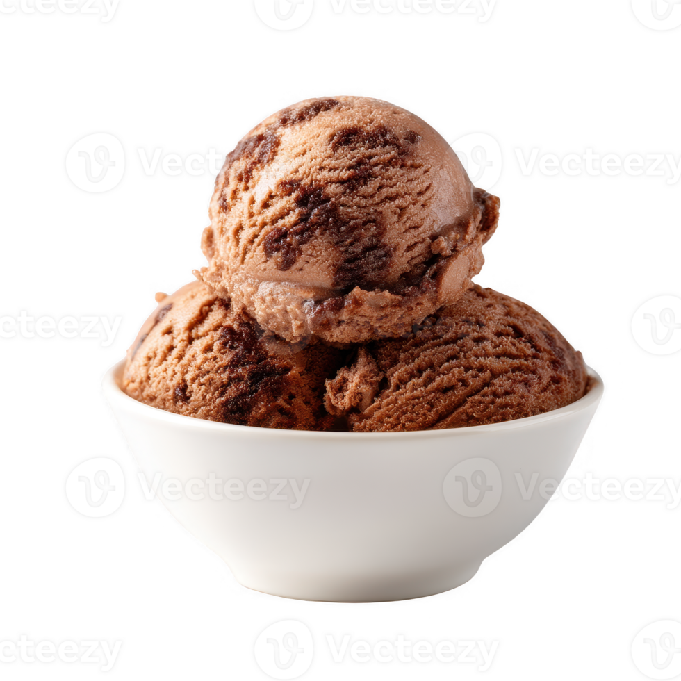 Delicious chocolate ice cream scoops in a white bowl, perfect for dessert lovers and ideal for summertime treats. png
