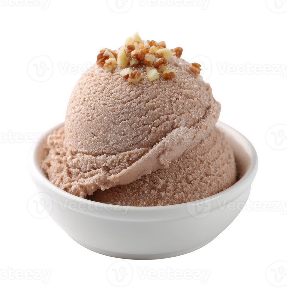 Delicious chocolate ice cream topped with nuts, served in a white bowl on a white isolated background. png