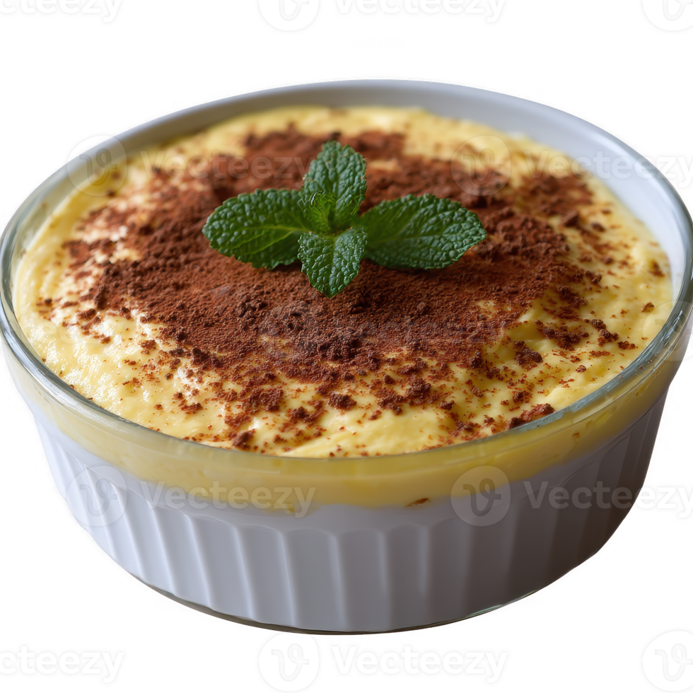 Delicious creamy dessert served in a glass dish, topped with cocoa powder and a mint leaf for garnish, isolated on a white background. png