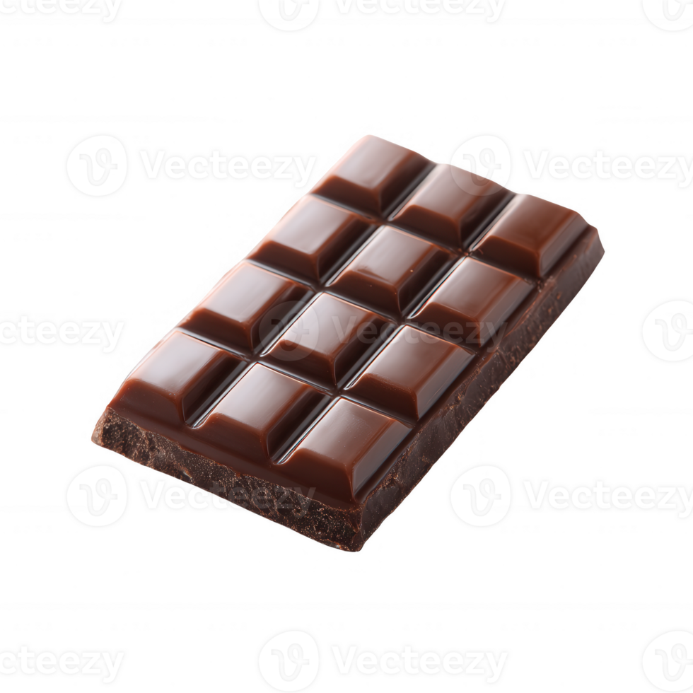 Delicious dark chocolate bar with segmented squares, perfect for desserts and snacking, set against a white background, showcasing its rich texture and color. png