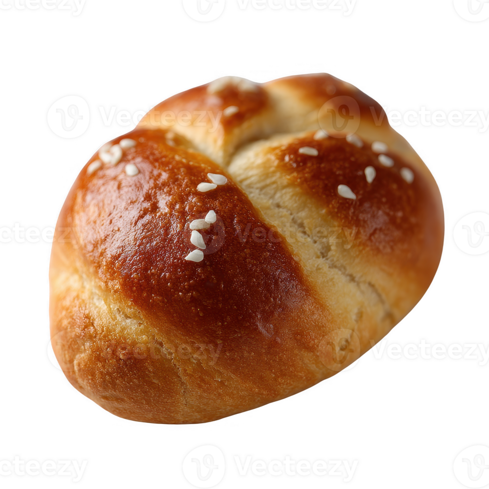 Delicious freshly baked bread roll with a golden-brown crust and sesame seeds, isolated on a white background. png