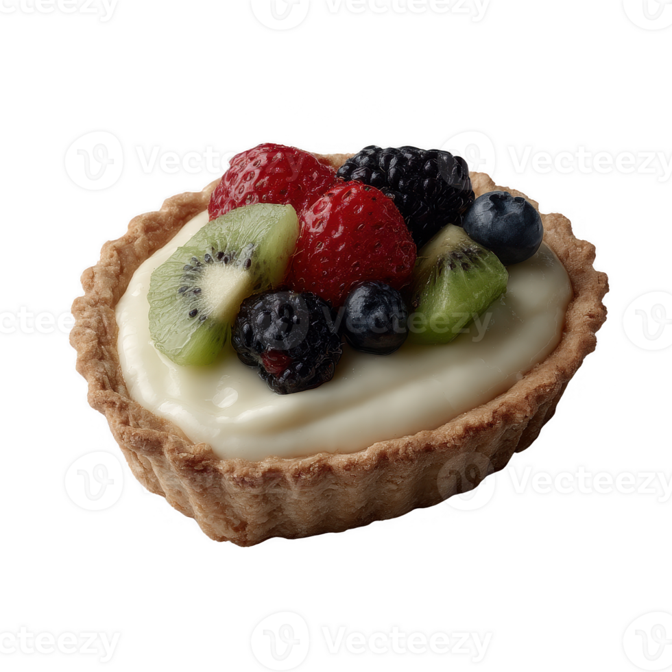 Delicious fruit tart with a creamy filling, topped with fresh strawberries, raspberries, blackberries, blueberries, and kiwi slices on a golden crust. png