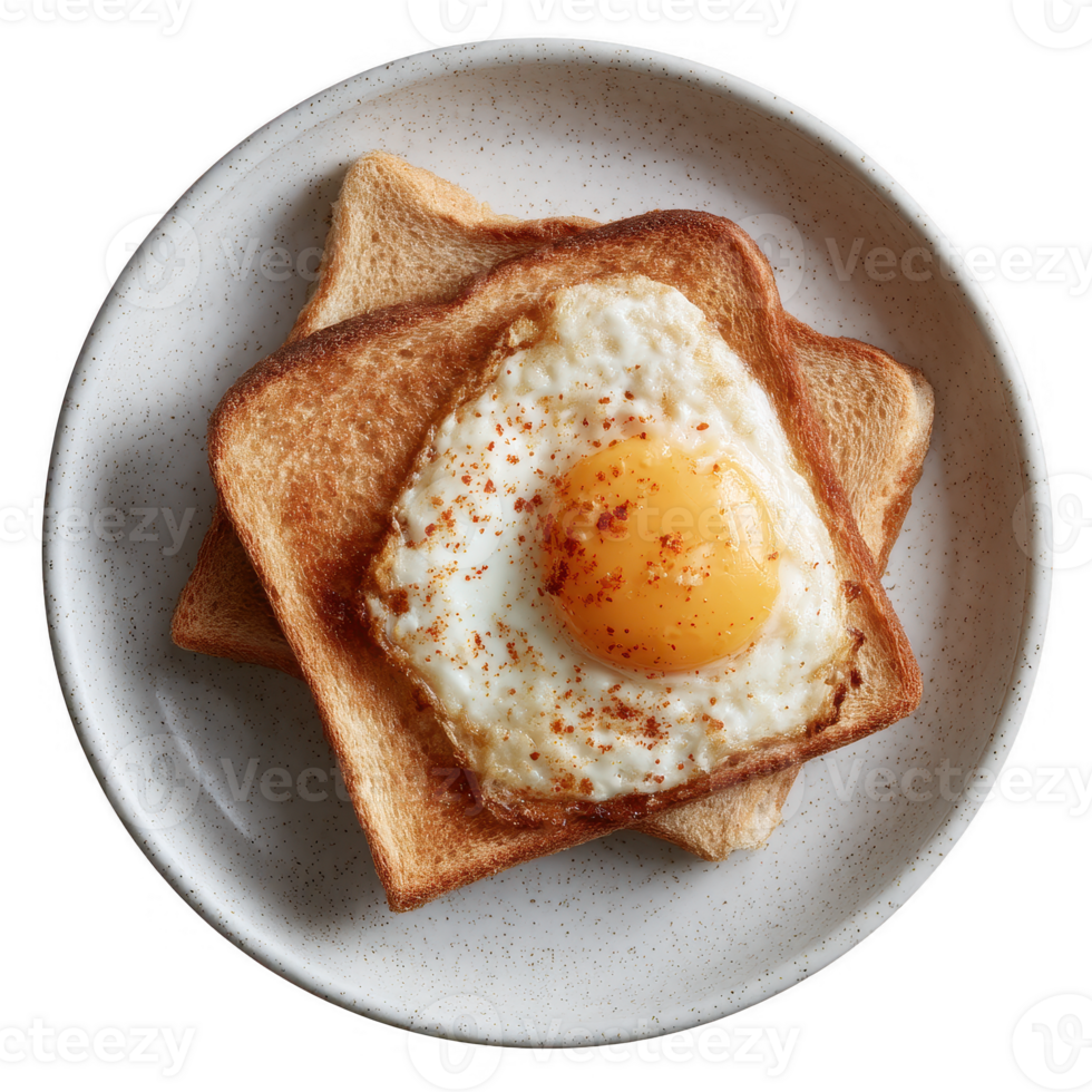 Delicious fried egg served on golden toast. Perfectly cooked with a sunny yolk, garnished with spices. Ideal for breakfast or brunch, showcasing appetizing presentation. png