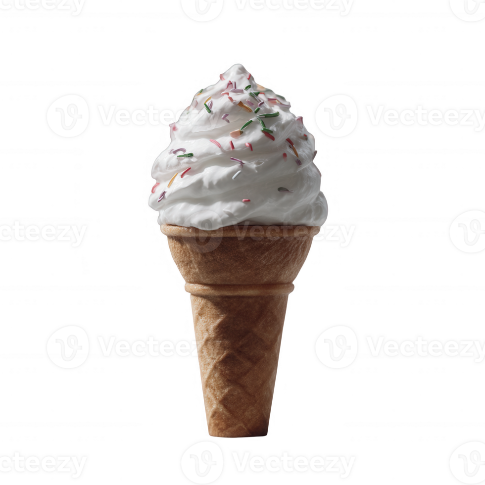Delicious ice cream cone topped with fluffy whipped cream and colorful sprinkles, set against a white isolated background. png