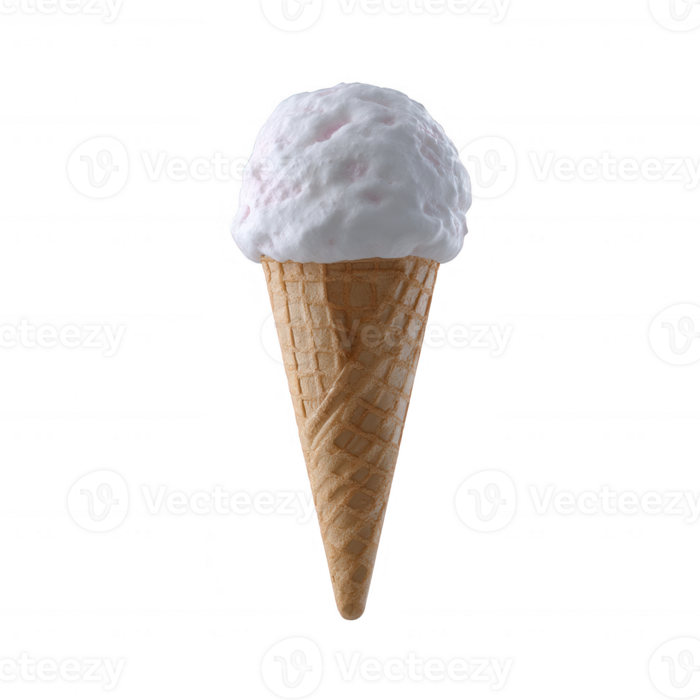 Delicious ice cream cone with creamy white topping on a crispy cone, perfect for summer treats and dessert presentations. png