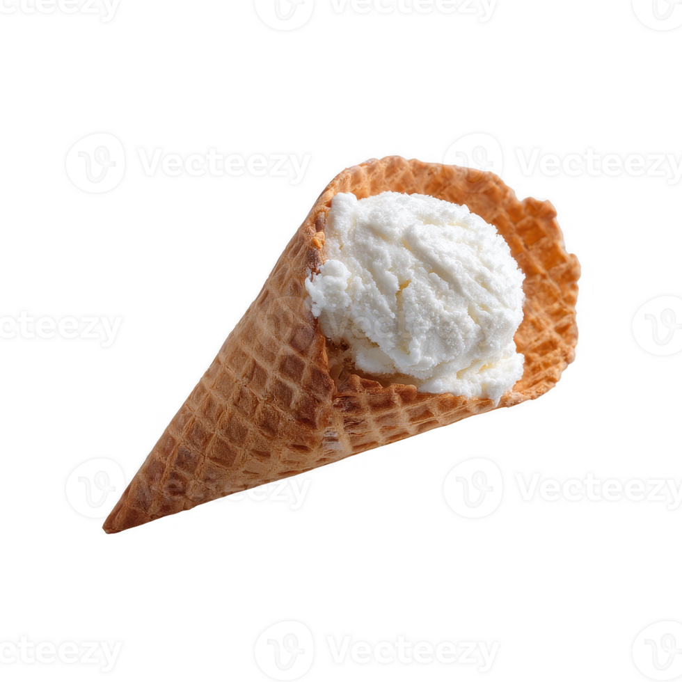 Delicious ice cream in a crispy waffle cone, perfect for a refreshing treat on a warm day, showcasing a smooth and creamy consistency, ideal for dessert lovers. png