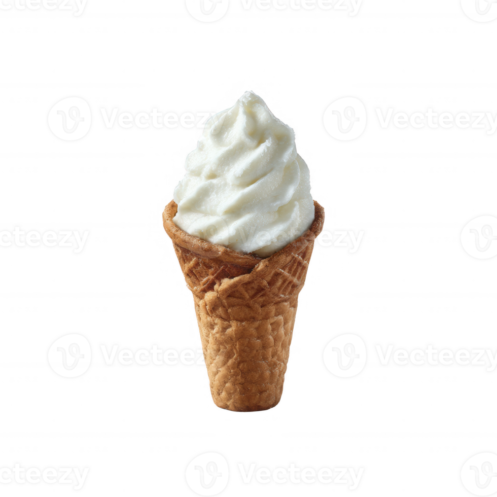 Delicious ice cream in a waffle cone, featuring soft serve texture. Perfect for summer treats and dessert cravings, isolated on a clean background for focus. png