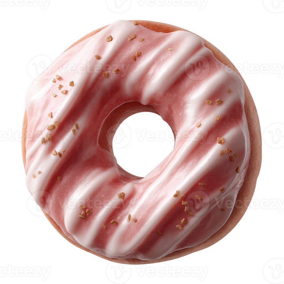 Delicious pink frosted doughnut with white icing and sprinkles on a pristine white background, perfect for treating yourself or enhancing any dessert selection. png
