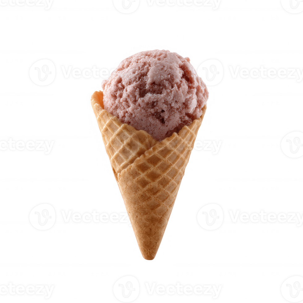Delicious pink strawberry ice cream scoop in a crispy waffle cone, isolated on a white background, perfect for summer desserts and sweet treats. png