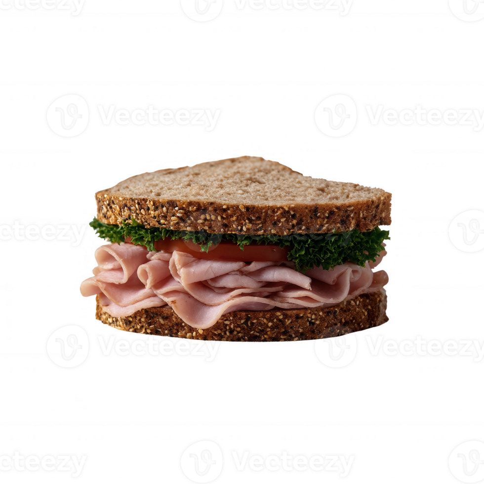 Delicious sandwich with layers of ham, fresh lettuce, and tomato, served on a sesame seed bun, perfect for a quick meal or picnic. png