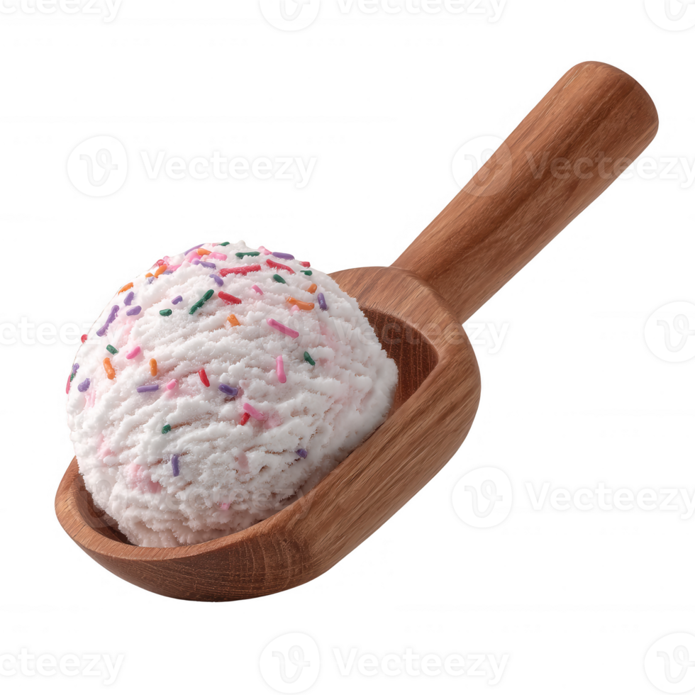 Delicious scoop of ice cream with colorful sprinkles in a wooden scoop against a white isolated background. png