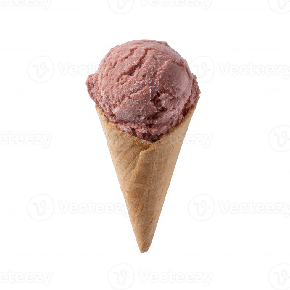 Delicious scoop of pink ice cream in a crispy cone, isolated on a white background, perfect for dessert cravings. png