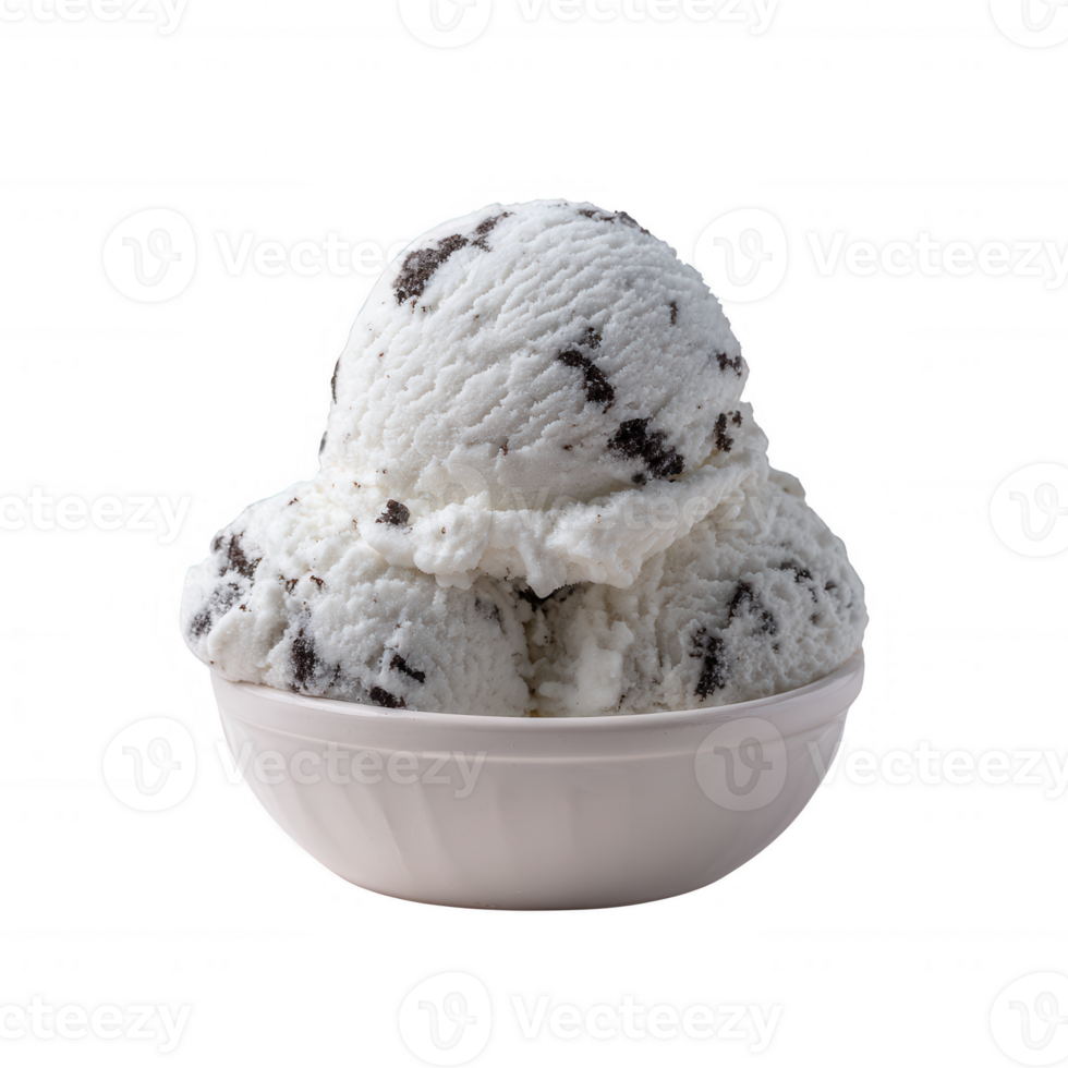 Delicious scoops of cookies and cream ice cream in a white bowl, perfect for a refreshing treat on a hot day png